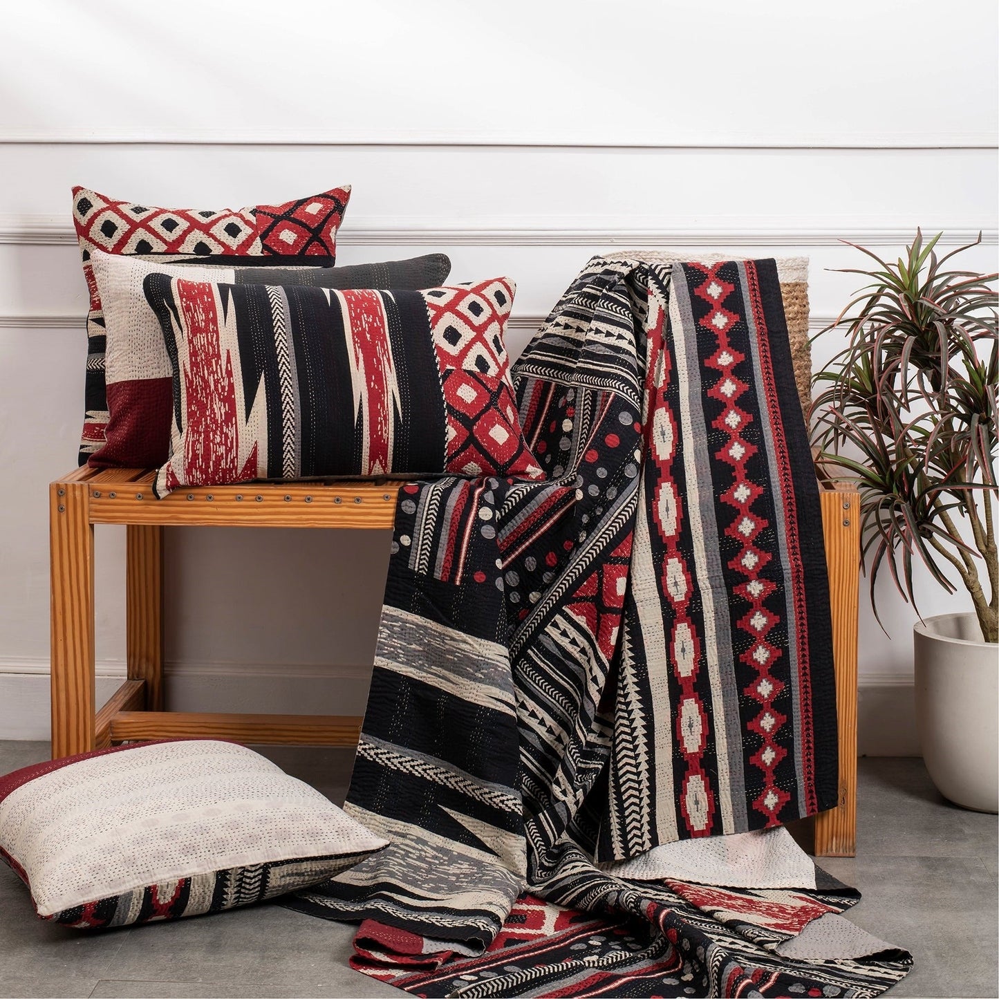 Monotone Ikat  Vintage Kantha Throw - Monotone Red