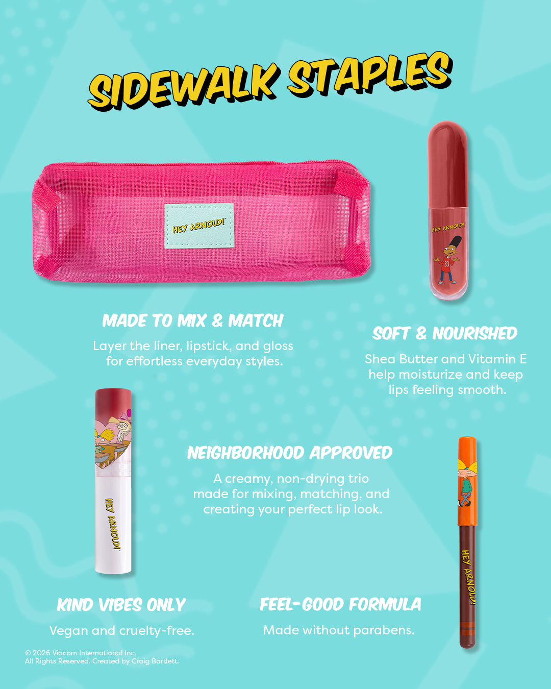 Hey Arnold!| Sidewalk Stories - 3 PC Lip Kit Set with Cosmetic Bag