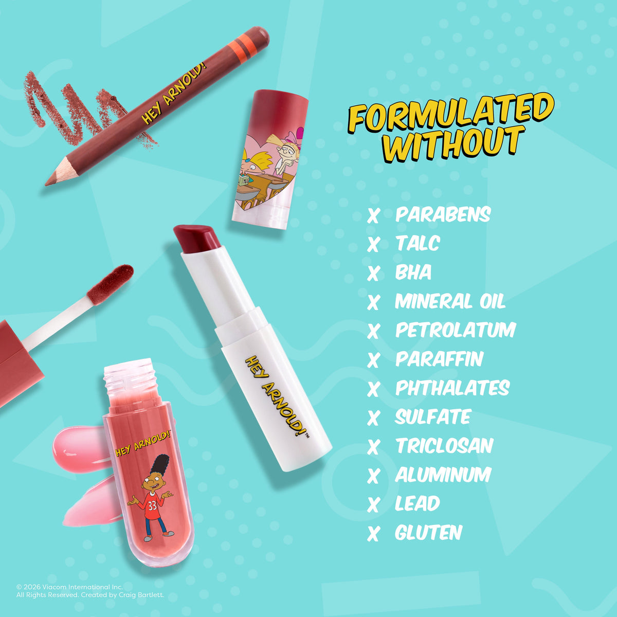 Hey Arnold!| Sidewalk Stories - 3 PC Lip Kit Set with Cosmetic Bag