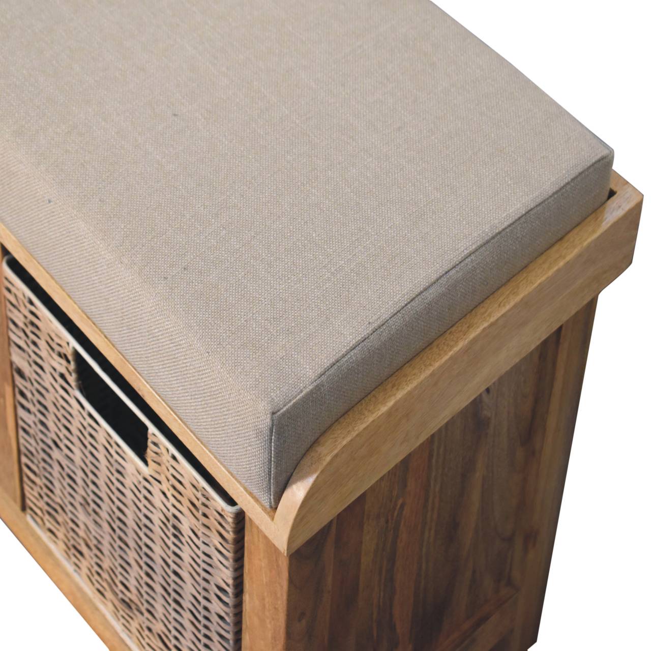 Solid Wood Rattan Basket Linen Upholstered Bench