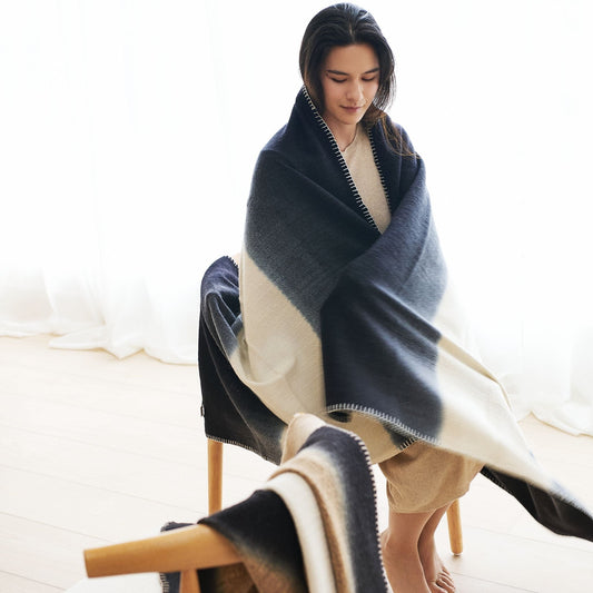 Ink Black White Ombre Textured Throw  In Hand Spun Merino And Hand Stitched Hem