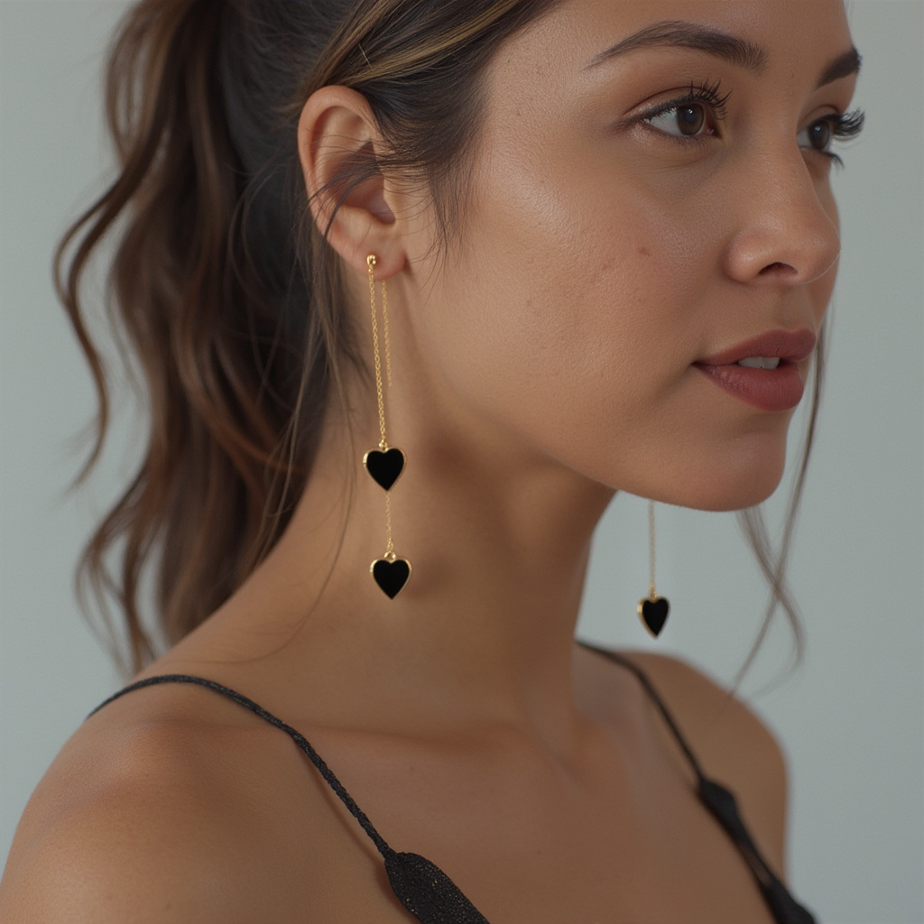 Single Hearted Girl Black Enamel Earrings | Gold Filled