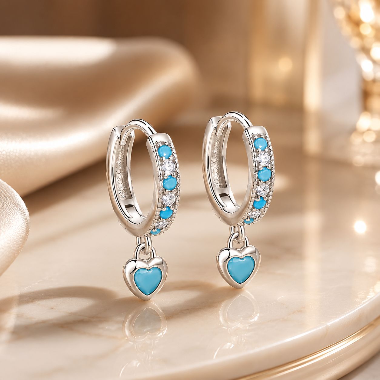 925 Sterling Silver Earrings with Synthetic Turquoise and CZ - White Gold Plated