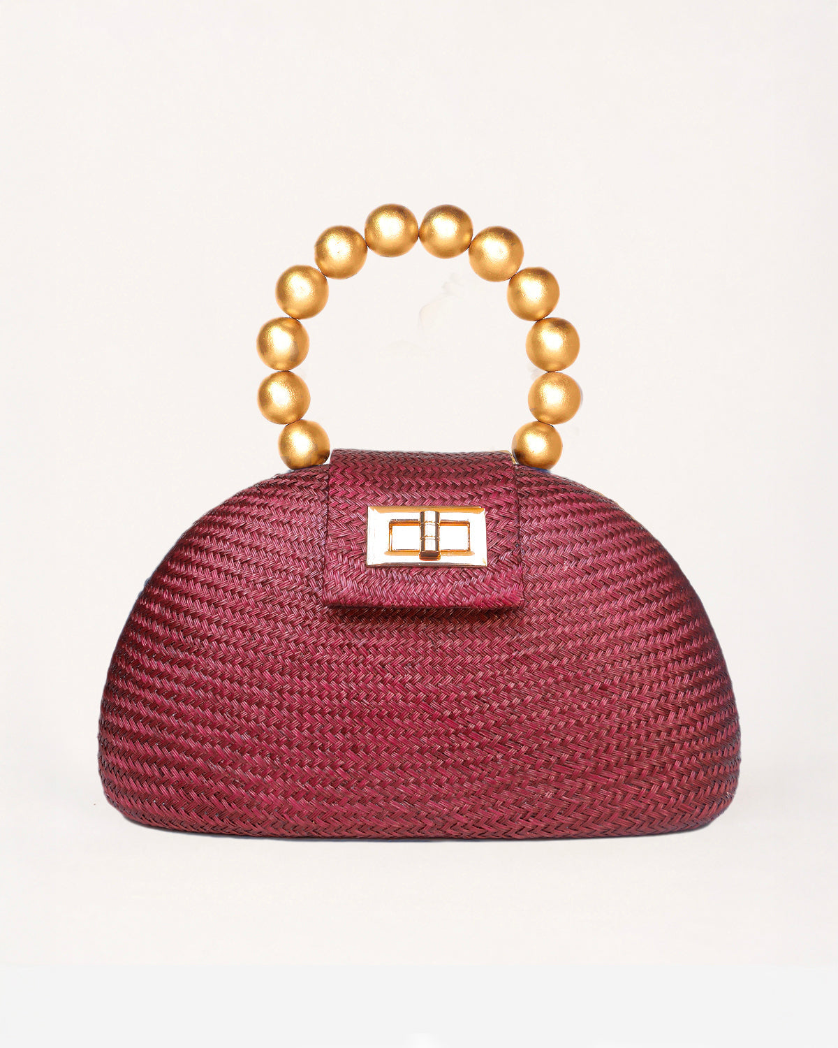 THE ORLA — Maroon Woven Straw Half-Moon Bag with Gold Beaded Handle