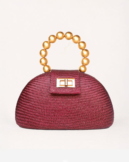 THE ORLA — Maroon Woven Straw Half-Moon Bag with Gold Beaded Handle