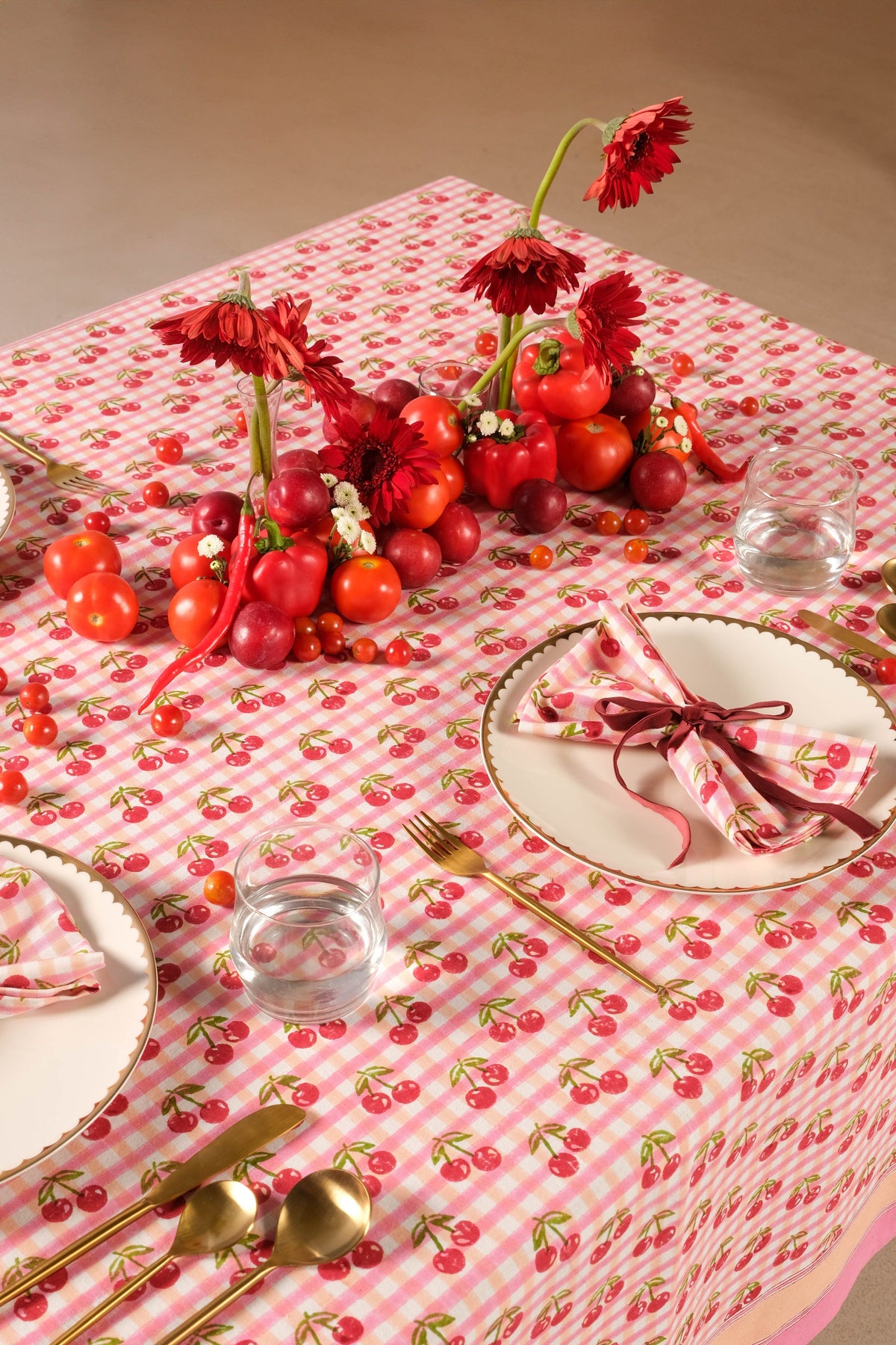 Cherry Blockprint Tablecloth in Red Gingham