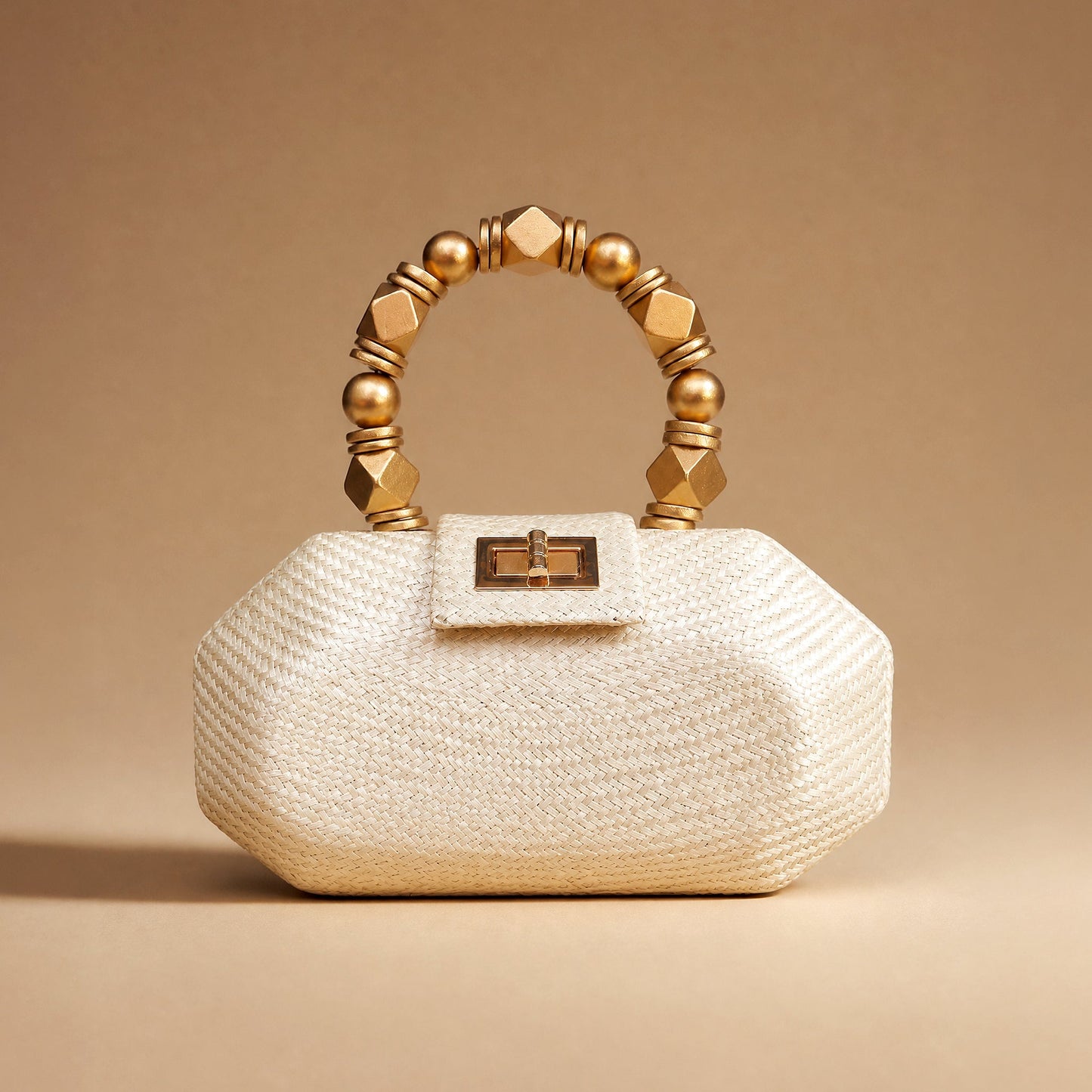 THE MELIA — Cream Woven Straw Clutch with Beaded Top Handle