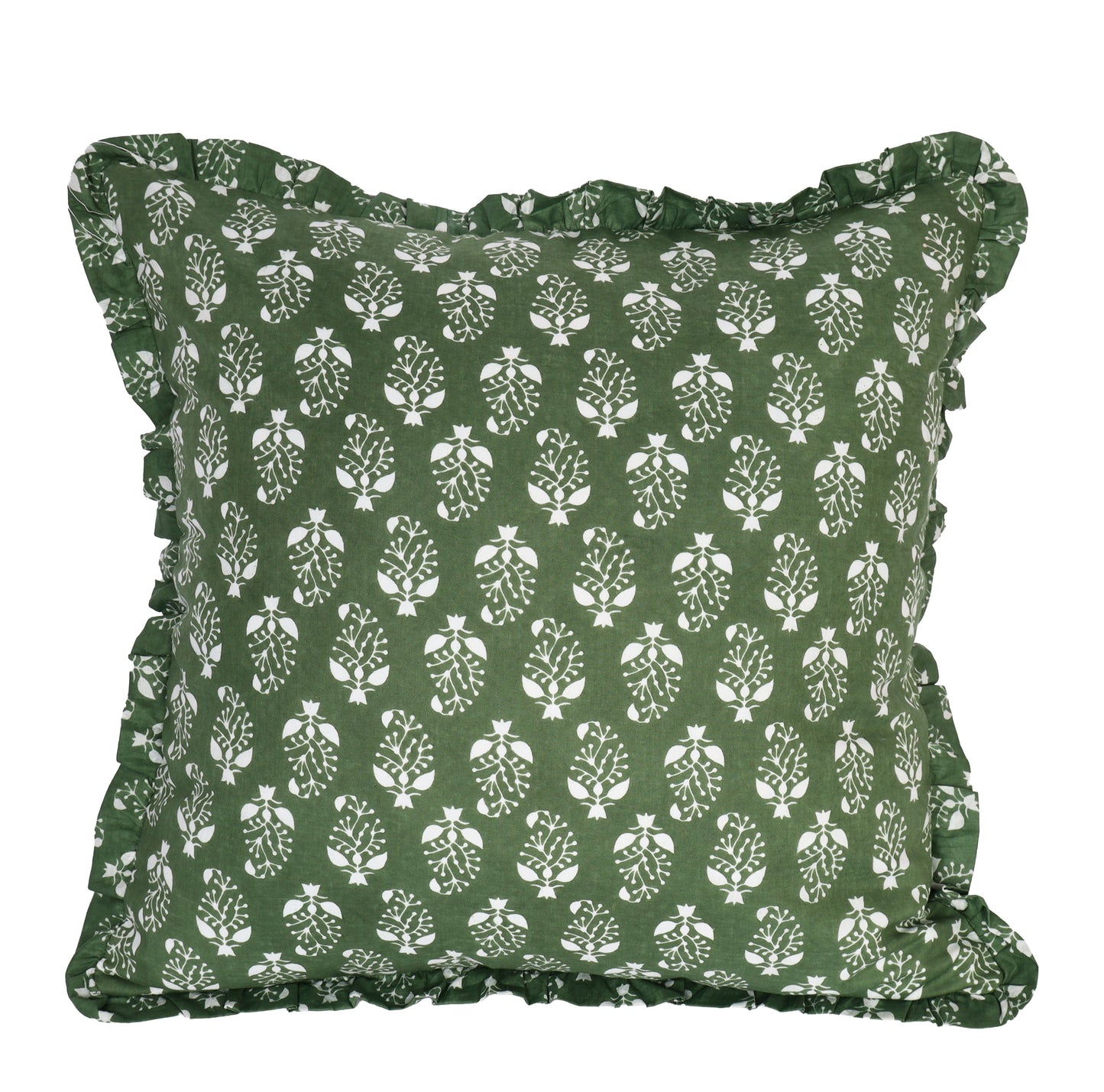 Block-Printed Pillow Cover | 20x20 Ruffled Cotton, Hidden Zipper