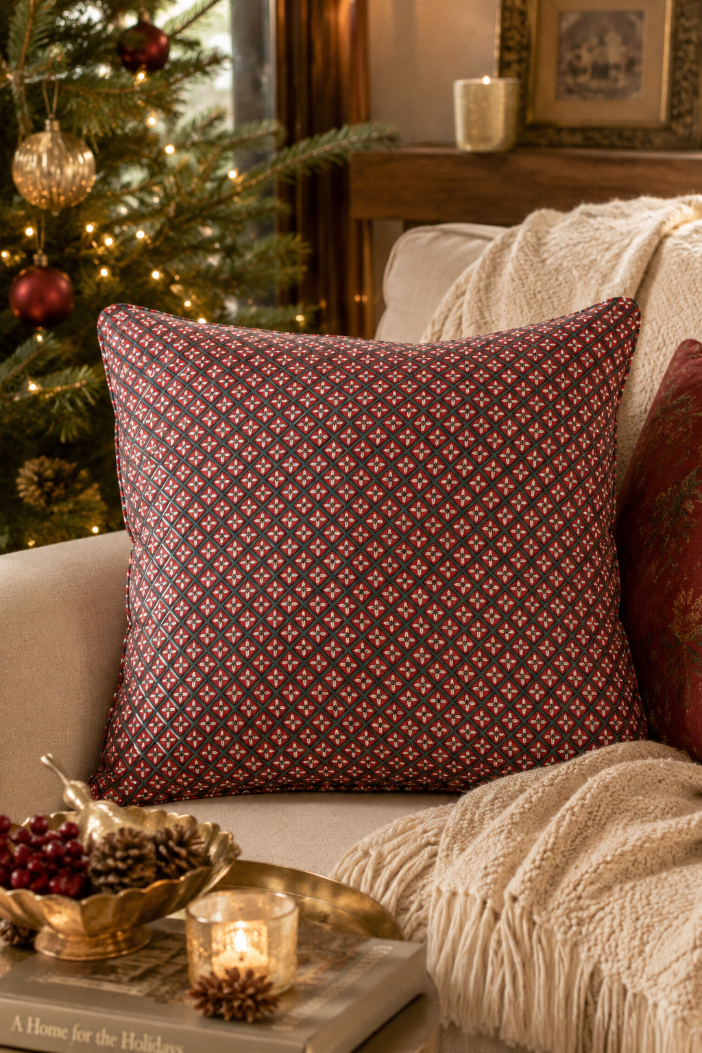 Holly & Berry Holiday Crimson Piped Blockprint Pillow Cover