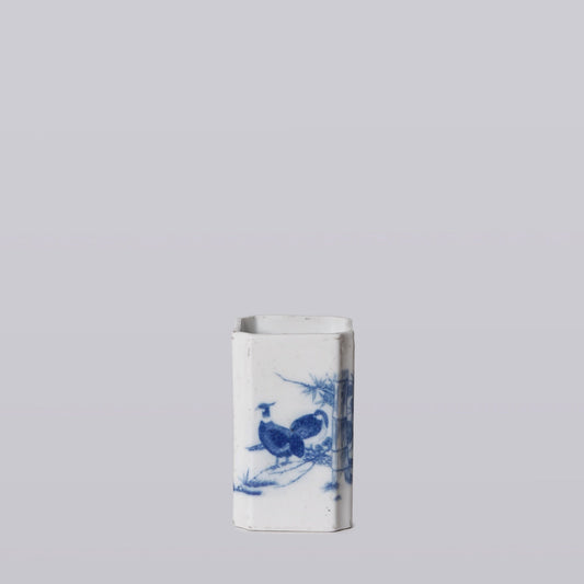 1920s Blue and White Porcelain Pheasant Square Vase