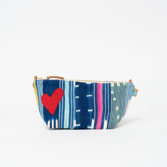Large Convertible Pouch - Baule Cloth with Beaded Red Heart with Medium Leather Strap