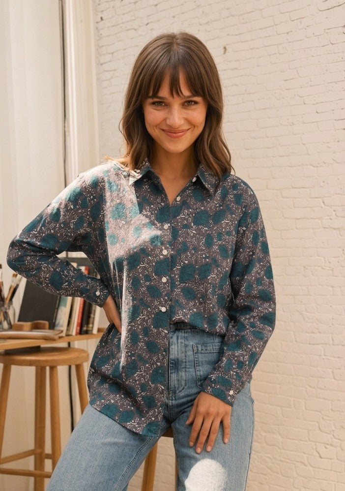 Good Boyfriend Shirt - Ojai Floral Charcoal / French Teal