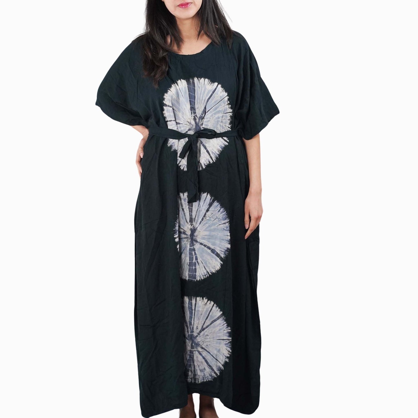 Kaftan Tie Dye Long Dress Shibori Black White Floral Pattern