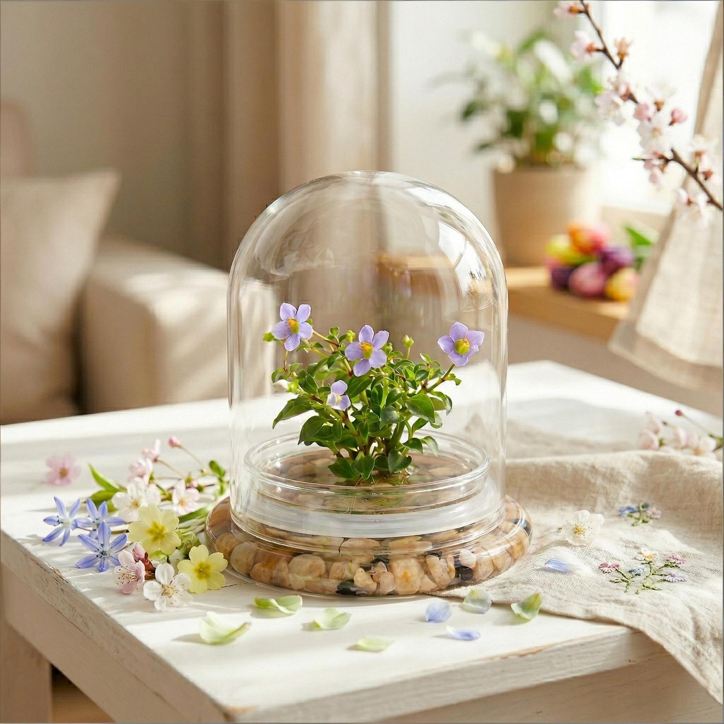 Persian Violet Terrarium, Elegant Live Flowering Plant Gift, Continuous Blooming, Self-Growing, No-Watering, Zero-Maintenance Indoor Glass Décor