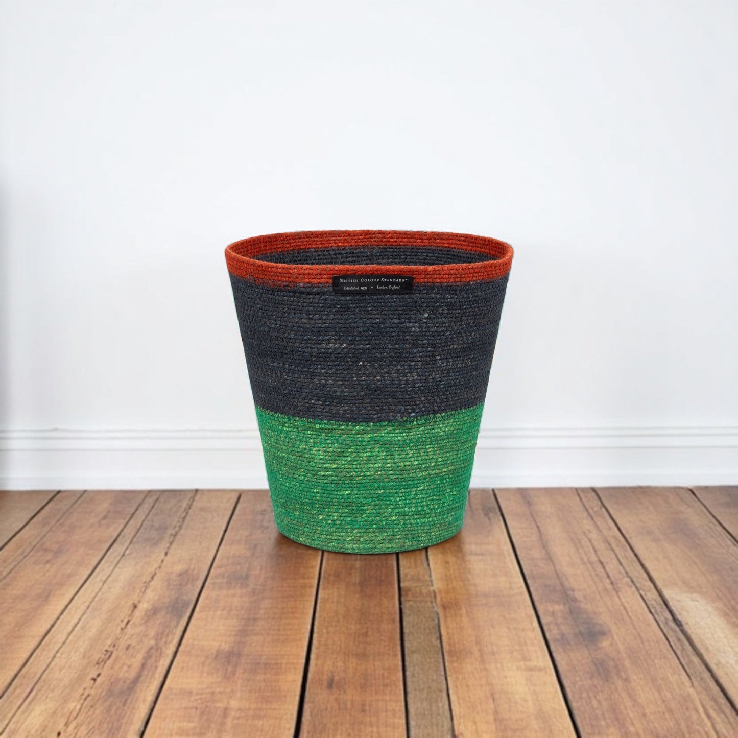 Striped Seagrass Waste Paper Basket in Midnight / Beryl Green