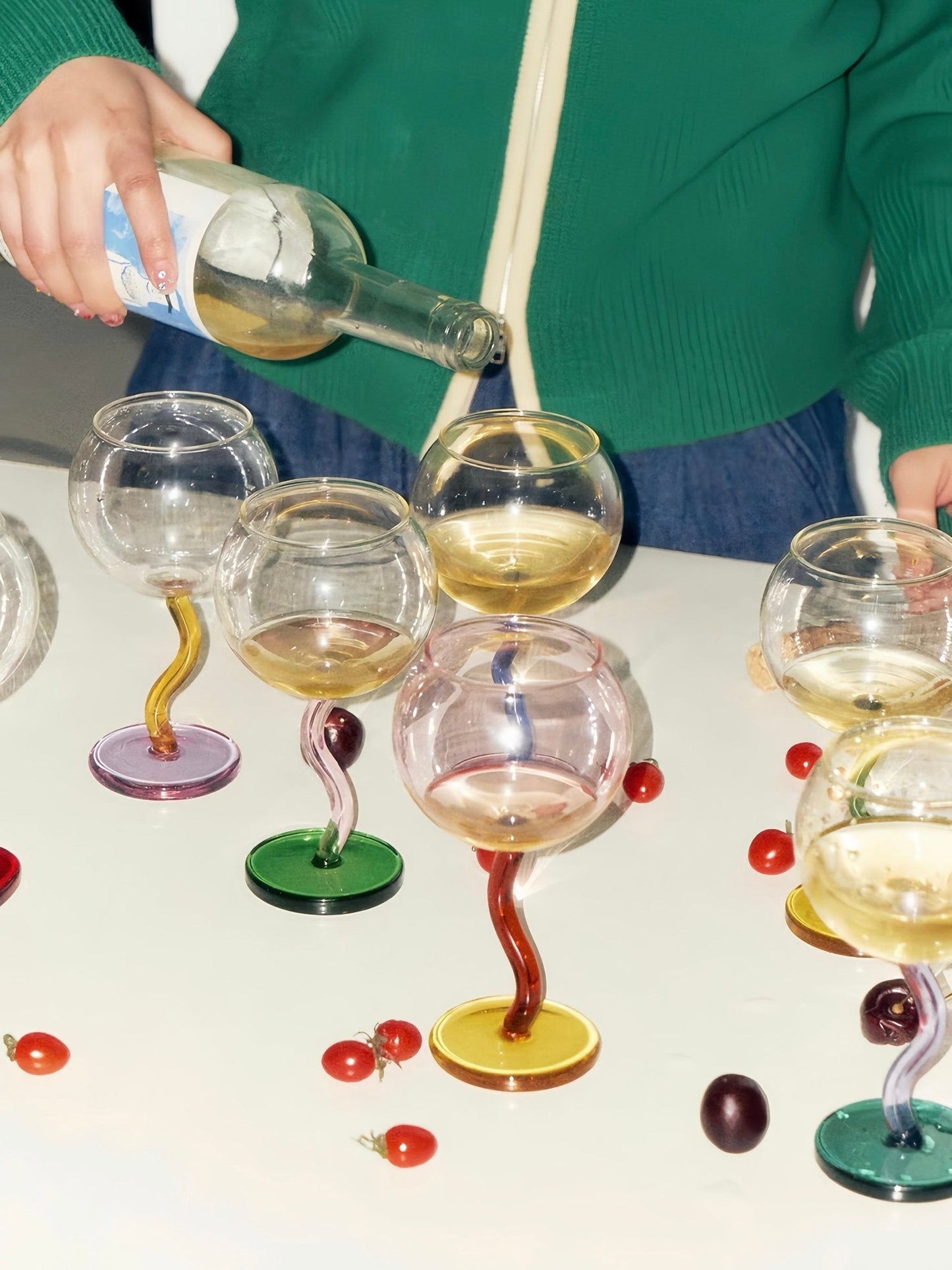 Handblown Bubble Wine Glass - Retro Whimsical Eclectic Wavy Stemmed Goblets