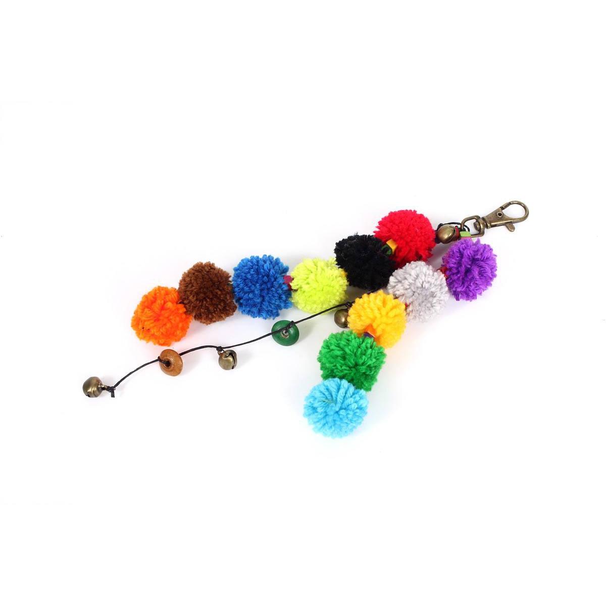 Multicolor Pom Pom Keychain with Beads and Bells | Handmade Zipper Pull | Thailand