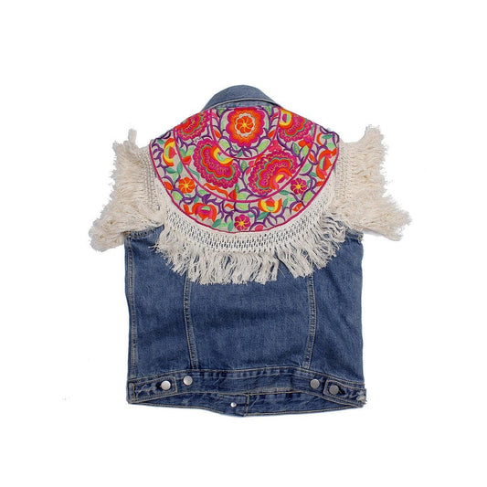 One of Kind Demin Embroidered Vest with Upcycled Hmong Fabrics - Thailand