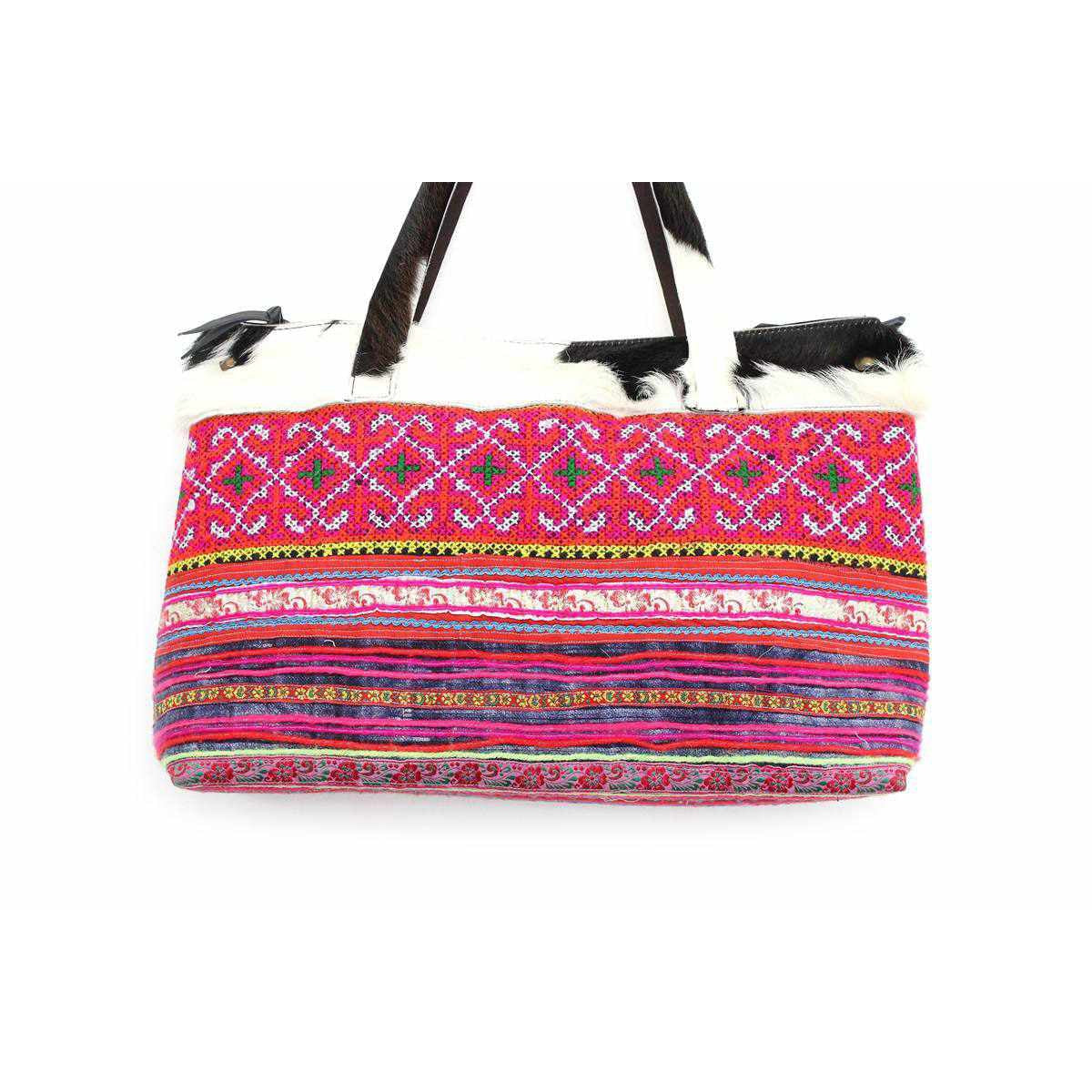 Upcycled Hmong Textile Cowhide One-of-a-kind Leather Tote Purse - Thailand