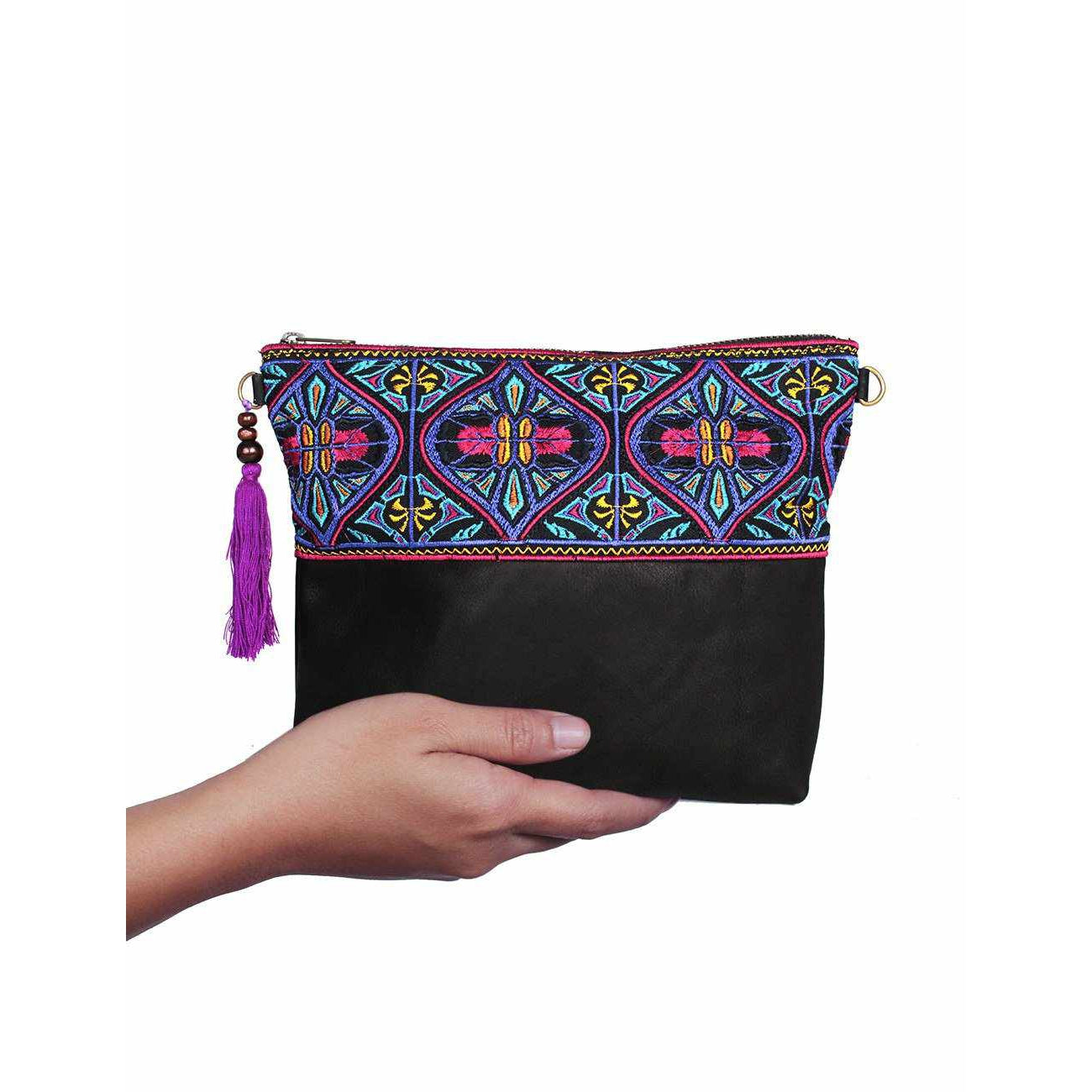 Convertible Embroidered Leather Crossbody / Clutch Bag - Thailand
