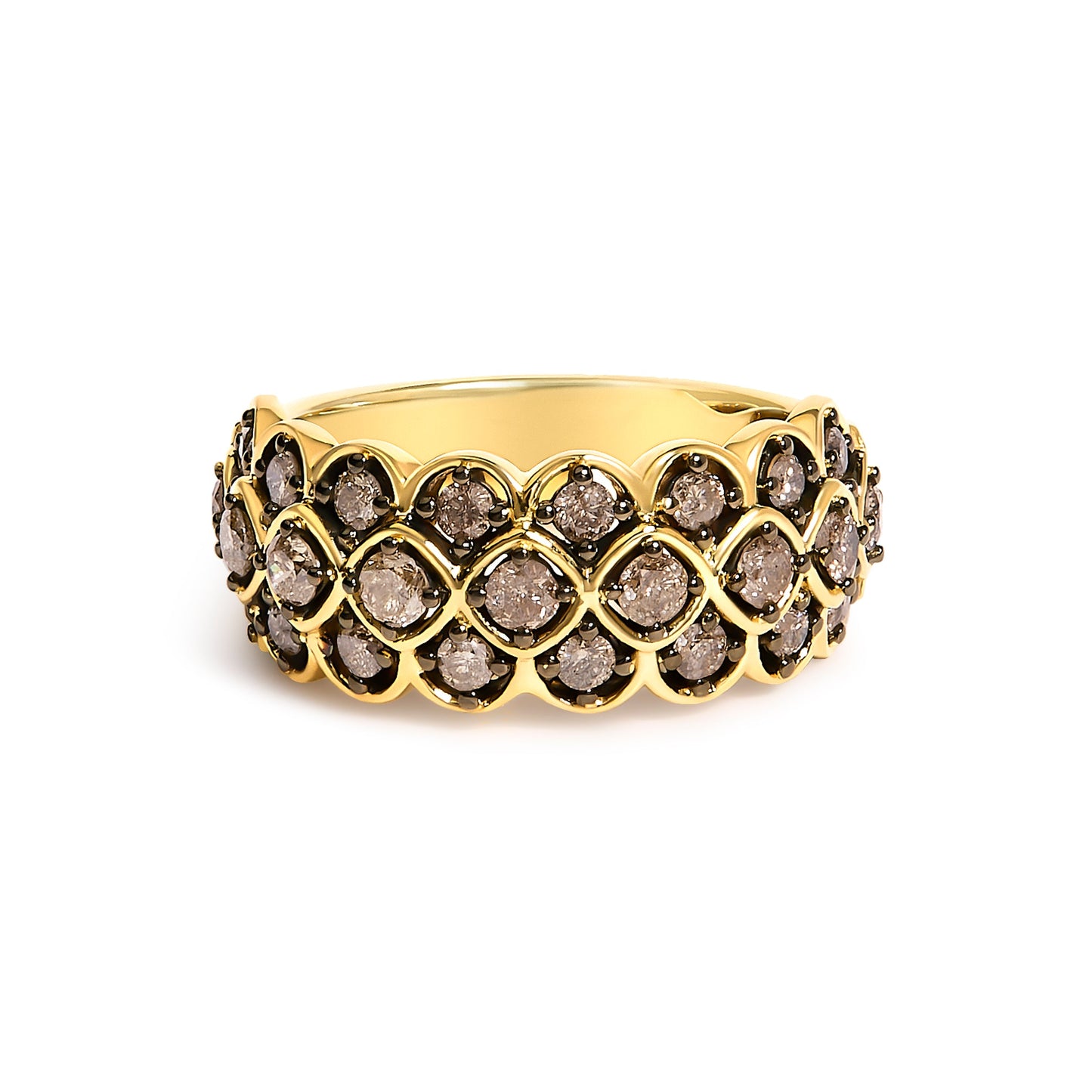 10K Yellow Gold Plated Sterling Silver 1.0 Cttw Brown Diamond Scalloped Motif Band Ring