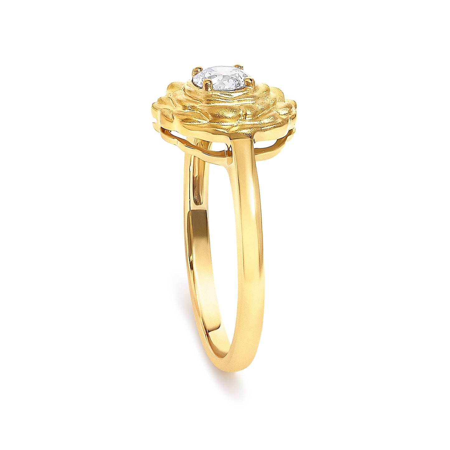 14K Yellow Gold Plated Sterling Silver 1/3 Cttw Lab Grown Diamond Floral Motif Solitaire Ring