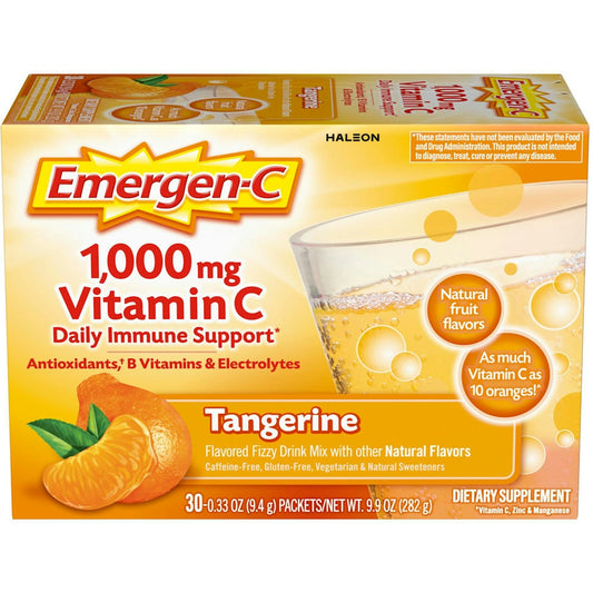 Emergen-C 30 Count, Tangerine Flavor) Dietary Supplement Fizzy Drink Mix With 1000 Mg Vitamin 0.33 Ounce Packets, Caffeine Free