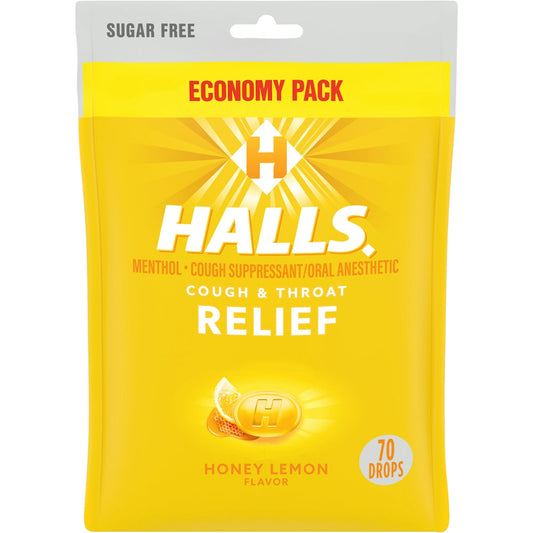 Halls Cough & Throat Relief, Sugar Free, Honey Lemon Flavor, Economy Pack