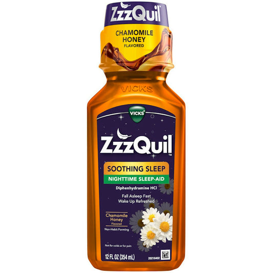 Vicks Zzzquil Liquid Sleep Aid, Soothing Diphenhydramine Hcl, Chamomile Honey Flavored, Nighttime Aids For Adults - 12 Ounce
