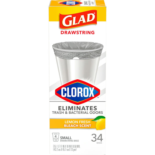 Glad Small Drawstring Trash Bags With Clorox - 4 Gallon, Grey, Lemon Fresh Bleach Scent