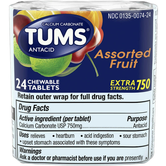Tums Extra Strength Heartburn Relief Chewable Antacid Tablets, Fruit, 8 Count