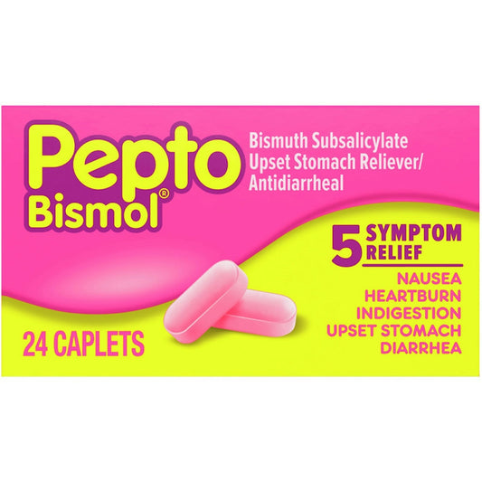 Pepto Bismol Upset Stomach Reliever/Antidiarrheal, 5 Symptom Relief, Caplets