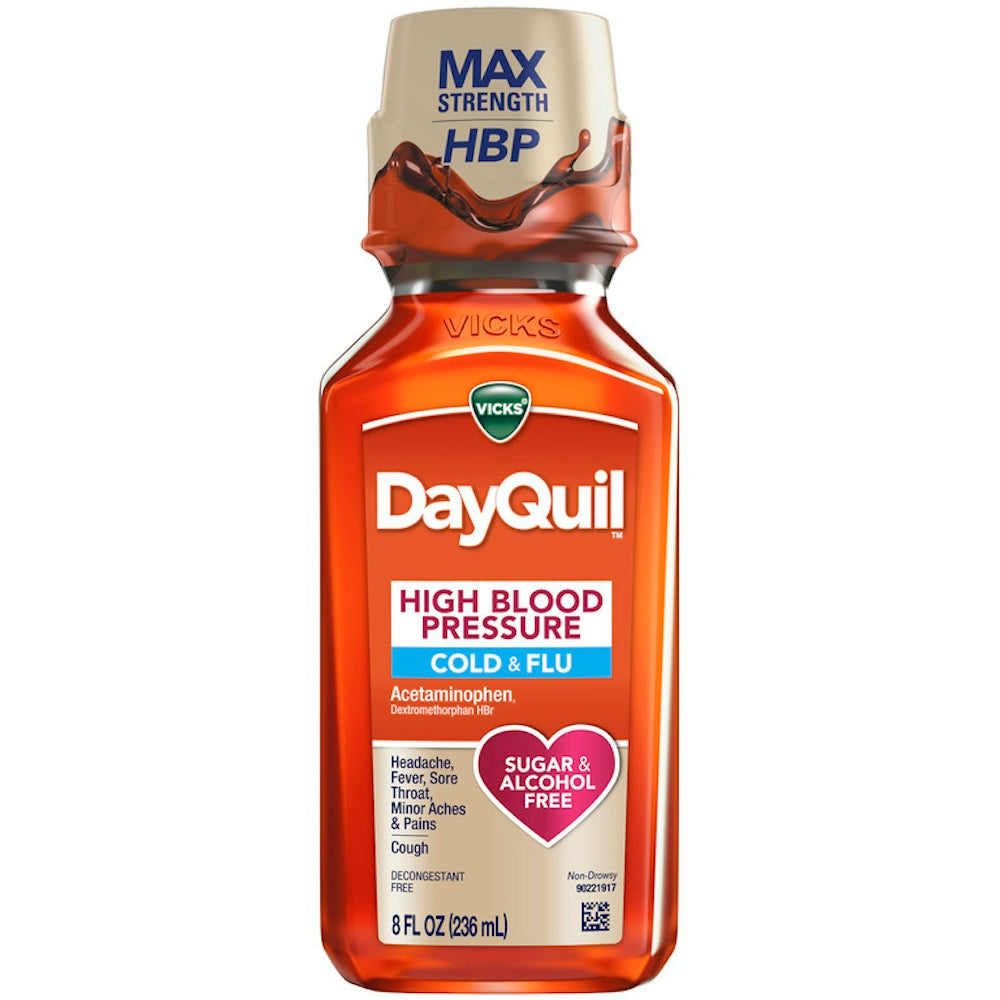 Vicks DayQuil High Blood Pressure Cold & Flu, Liquid Medicine, 8 Oz