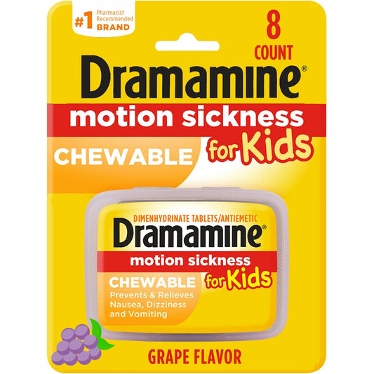 Dramamine Motion Sickness Relief, For Kids, Travel Case, Chewable Tablets, Grape Flavor