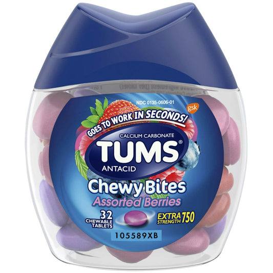 Tums Antacid, Chewy Bites, Extra Strength, 750 Mg, Chewable Tablets, Assorted Berries