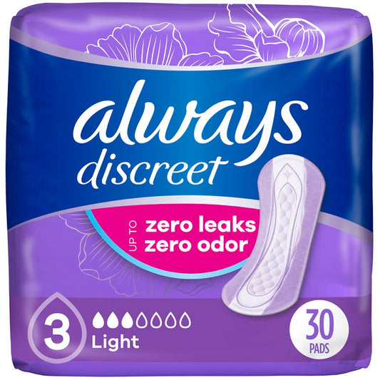 Always Discreet Pads, Light Absorbency, Regular Length,30 Count