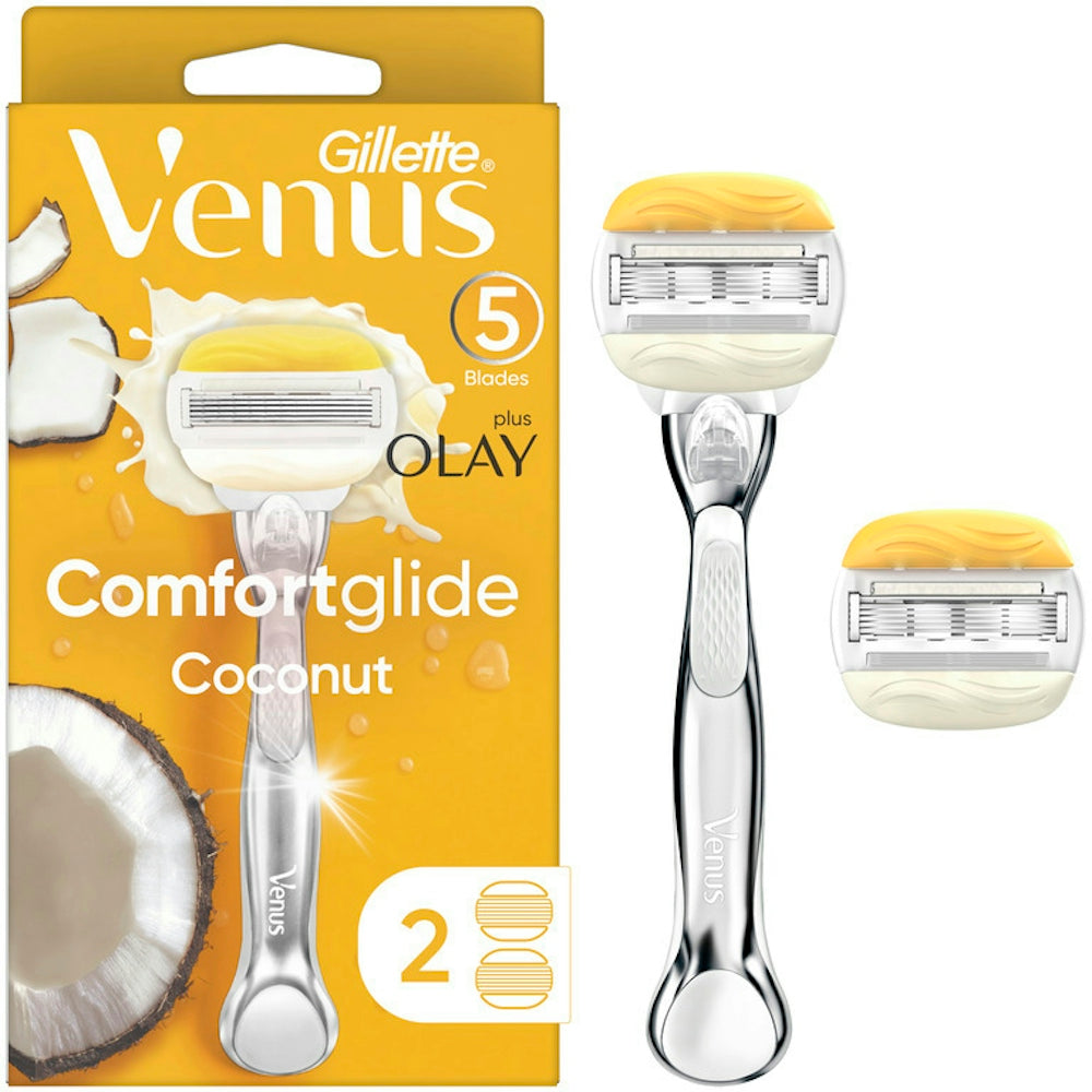 Venus Gillette Comfortglide Plus Olay Coconut Women's Razor Handle + 2 Blade Refills