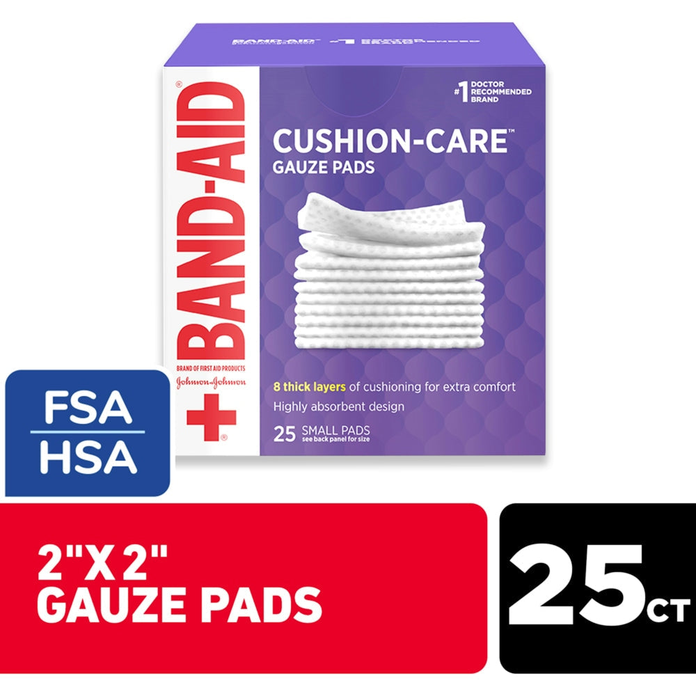 Band-Aid Brand Cushion Care Non-Stick Gauze Pads, Individually-Wrapped, Small, White, 2 X 2 In, 25 Count