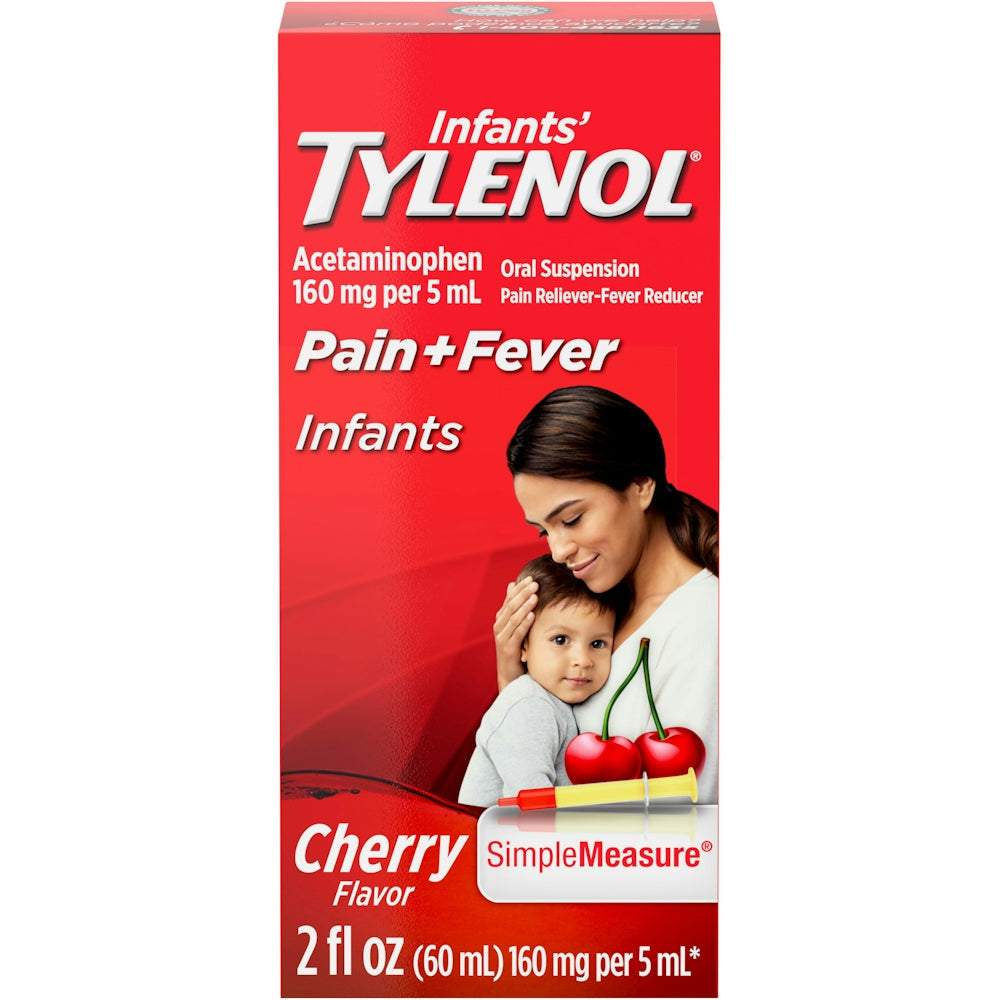 Tylenol Infants' Oral Suspension Liquid Medicine With Acetaminophen, Baby Fever Reducer & Pain Reliever For Minor Aches & Pains, Sore Throat, Headache & Toothache, Cherry Flavor, 2 Fl. Oz