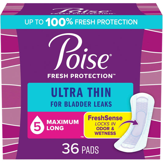 Poise Ultra Thin Incontinence Pads, 5 Drop Maximum Absorbency, Long Length
