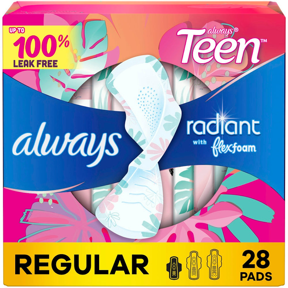 Always Radiant Pads, Teen Regular, With Wings Unscented, Size 1