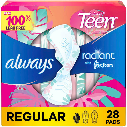 Always Radiant Pads, Teen Regular, With Wings Unscented, Size 1