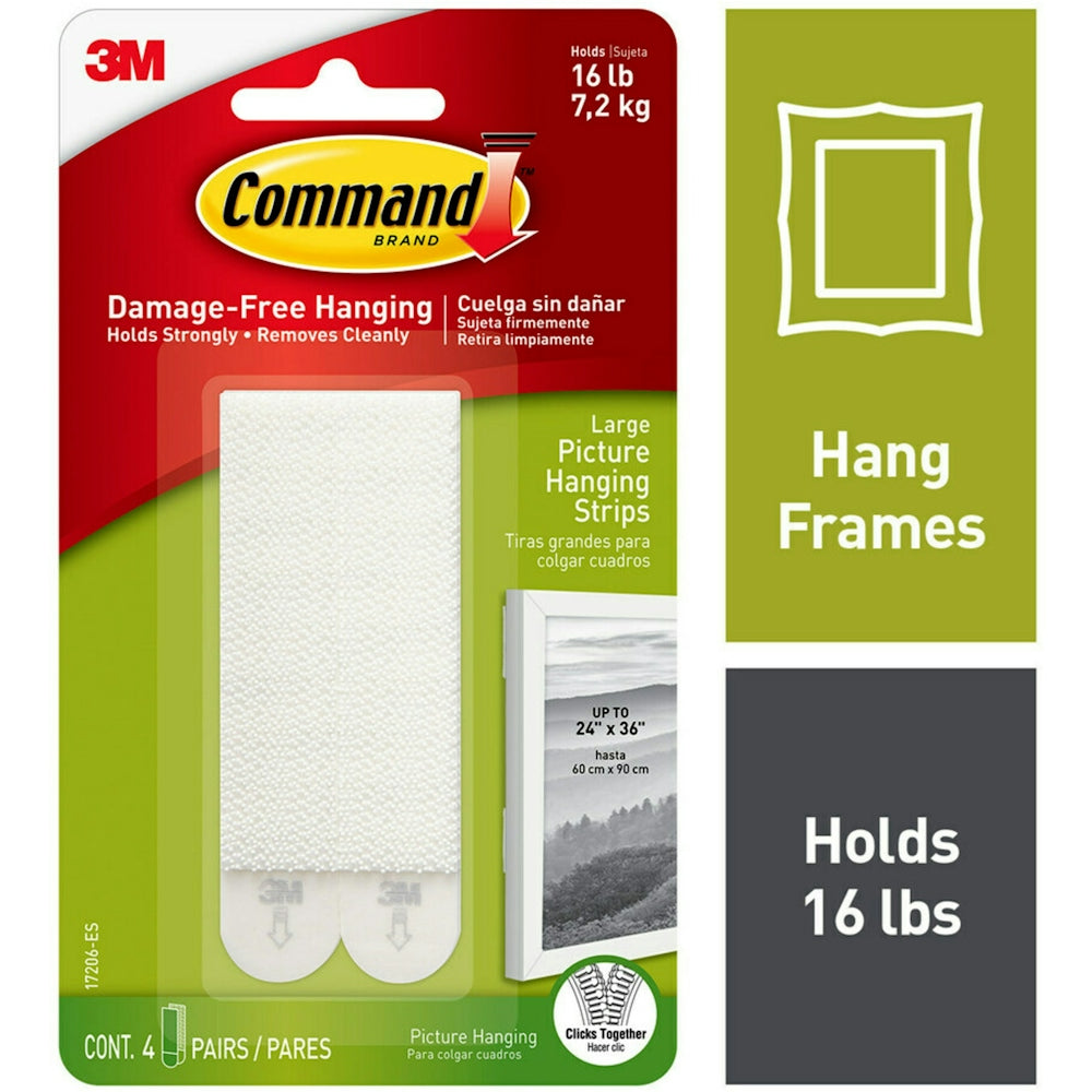 Command 3M-Command 17206-Es Picture Hanging Strips, Large, Holds 7.2 Kg. Whole Pack, White, 4 Pairs/Pack