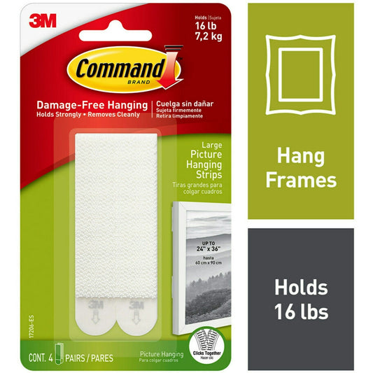 Command 3M-Command 17206-Es Picture Hanging Strips, Large, Holds 7.2 Kg. Whole Pack, White, 4 Pairs/Pack
