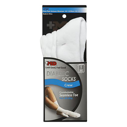 +MD Socks, Diabetic, Crew, White, Large, Unisex