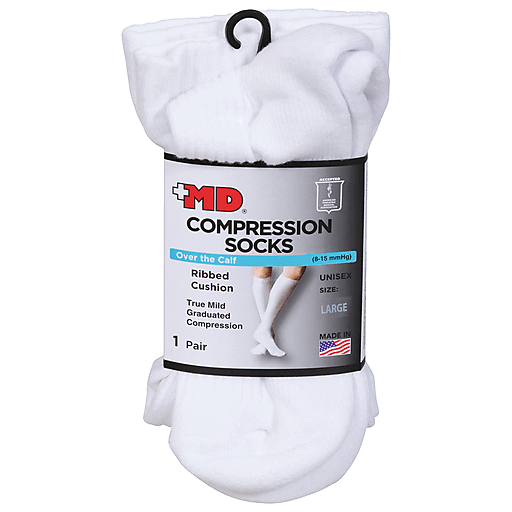 +MD Md Ribbed Cushion Over The Calf Compression Socks White, Large