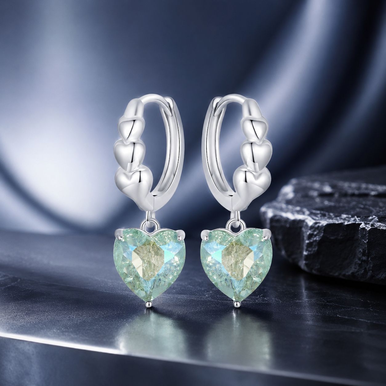 925 Sterling Silver Earrings with Transparent Glass, Plated White Gold, Size 23x8.5mm for Women