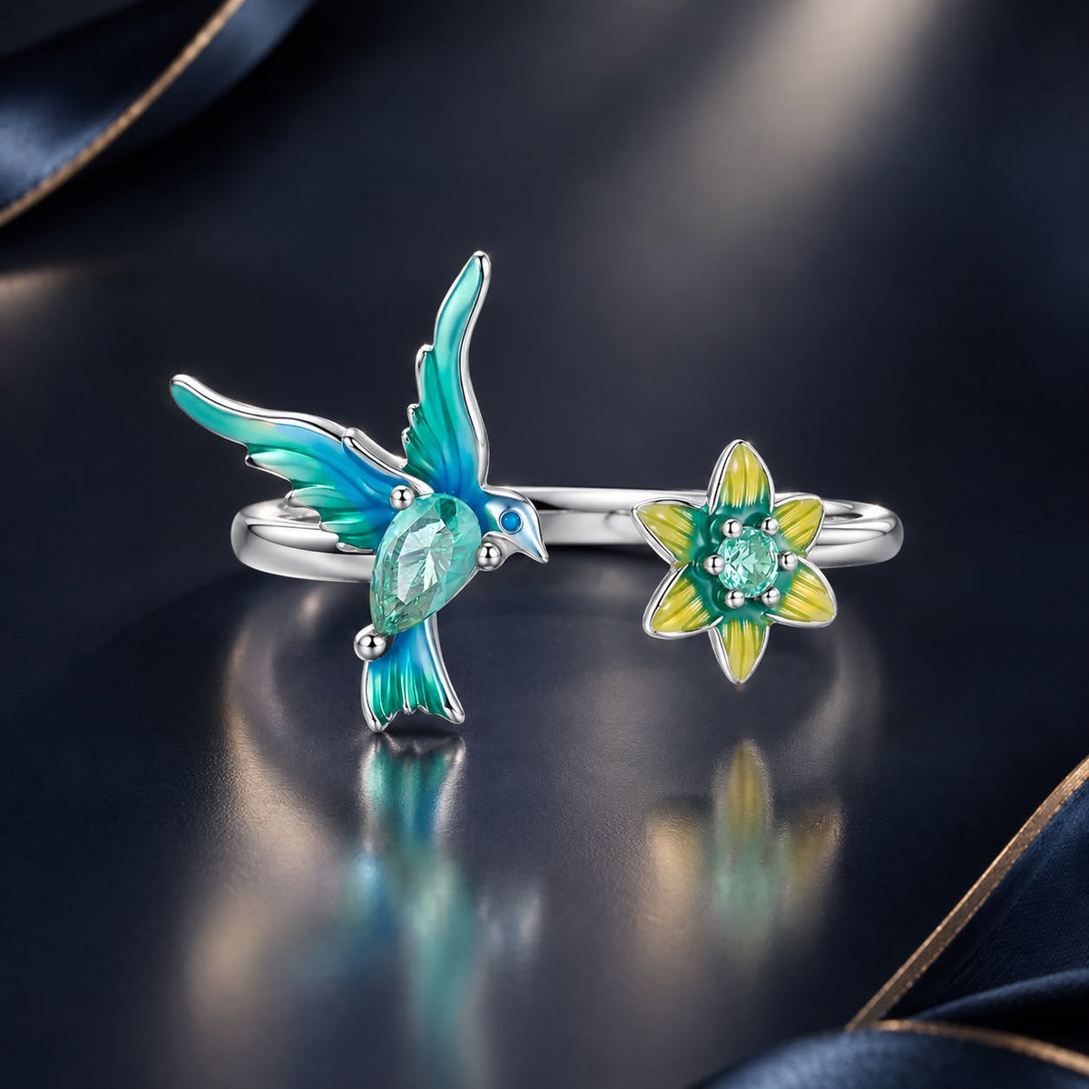 925 Sterling Silver White Gold Plated Enamel Transparent Glass Bird Ring for Women