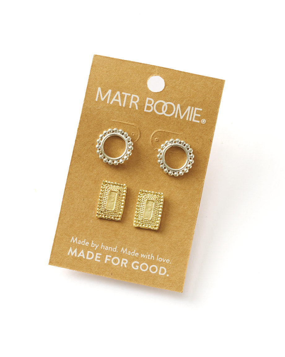 Bhavani Circle & Shield Stud Earrings - Set of 2 - Osadia Concept Store