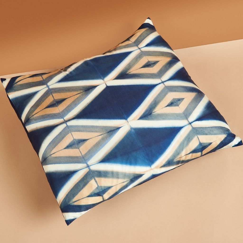 Tisa Indigo Handcrafted Shibori Geometri Print Mulberry  Silk Pillow